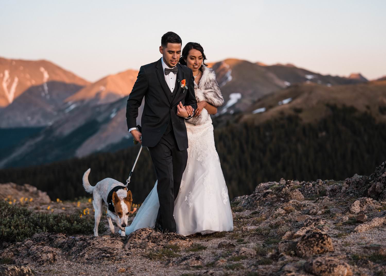 Bride and Groom Hiking at Independence Pass Elopement
