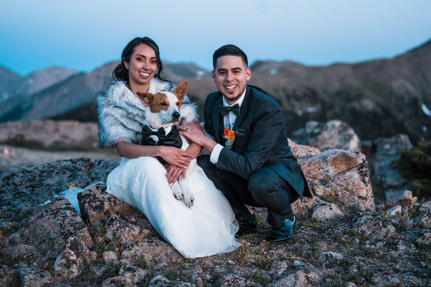 Bride and Groom With Dog at Independence Pass Elopement