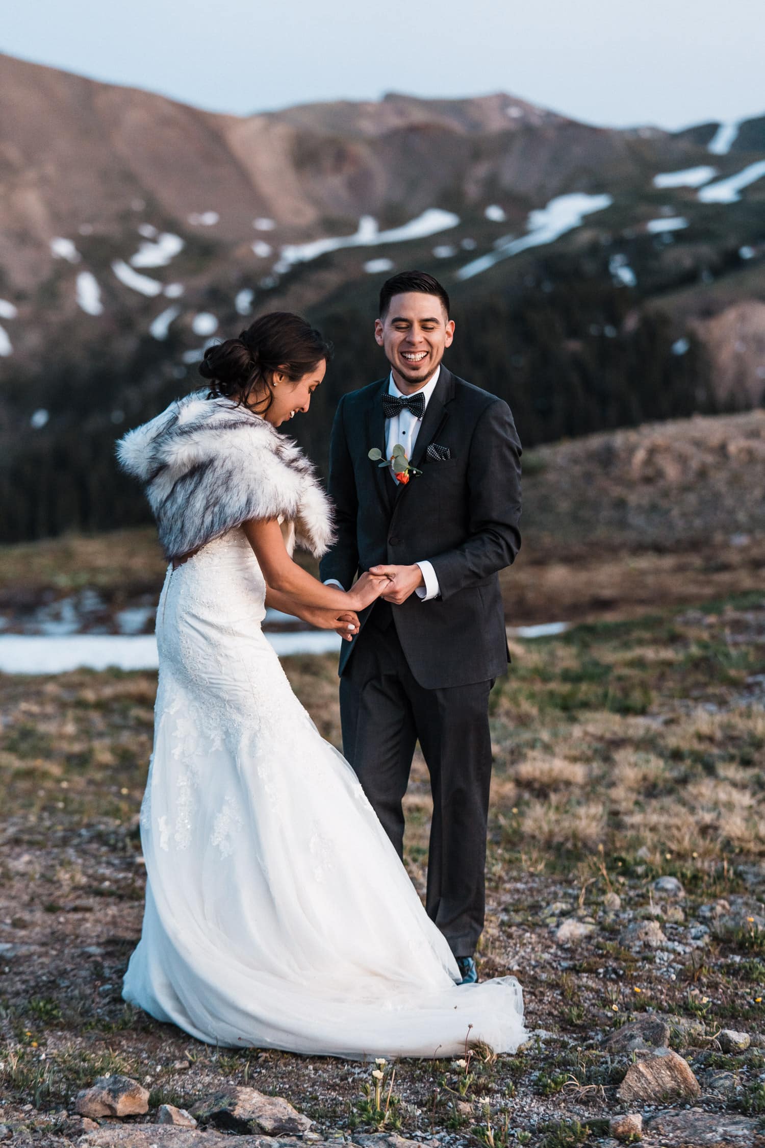 Bride and Groom Laughing at Independence Pass Elopement