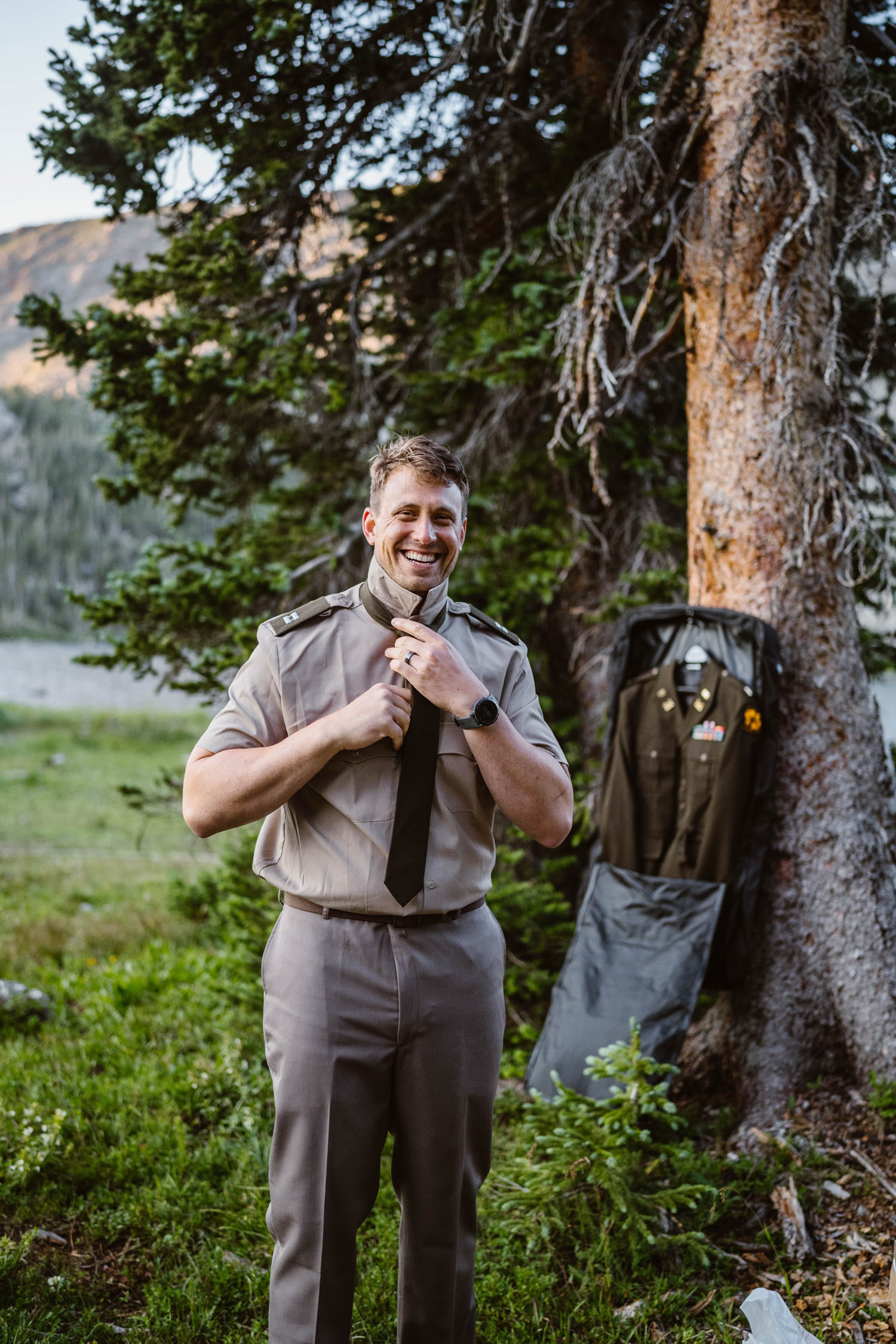 Army Groom Getting Dressed Sunrise Hiking Elopement Boulder Colorado